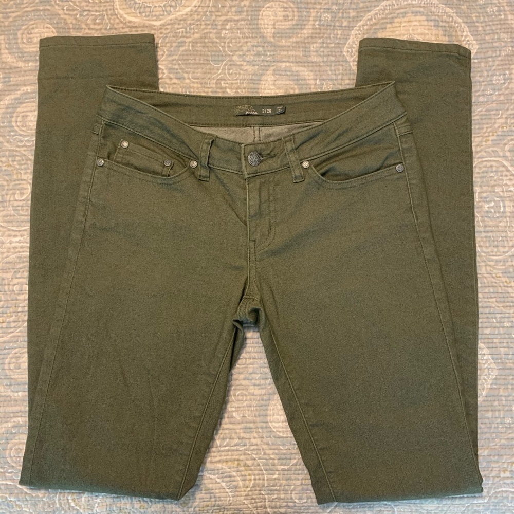 Prana stretchy skinny jeans in olive green!